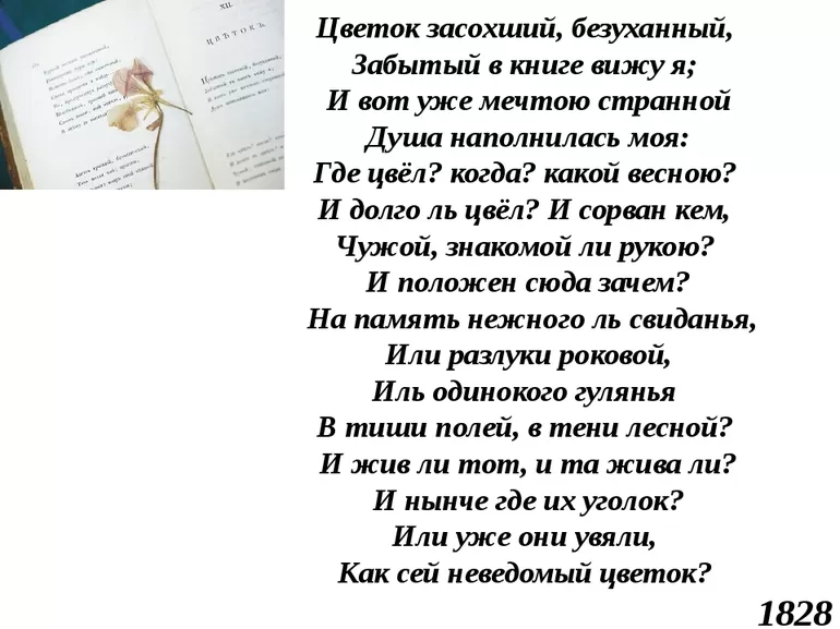 ЦВЕТОК Цветок засохший, безуханный, Забытый в книге вижу я; И ...