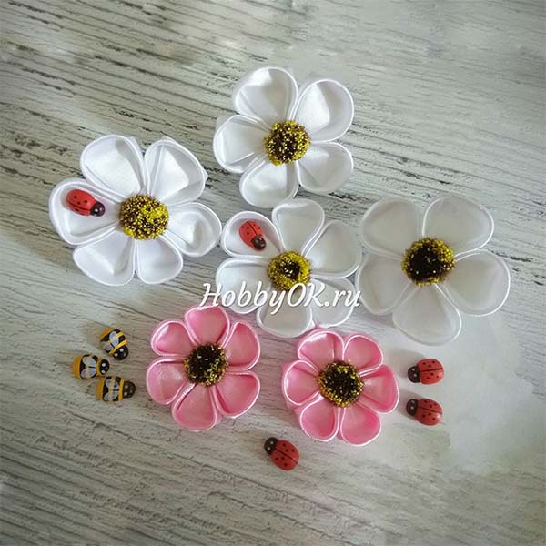 Ромашки из атласных лент.DIY Satin Ribbon Kanzashi Daisy ...